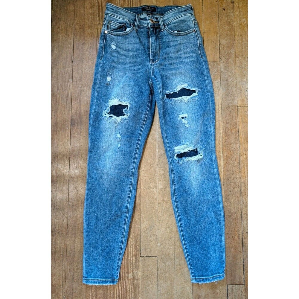 Judy Blue Jeans Womens 3/26 Blue Denim Pants Stretch Relaxed Distressed Ripped